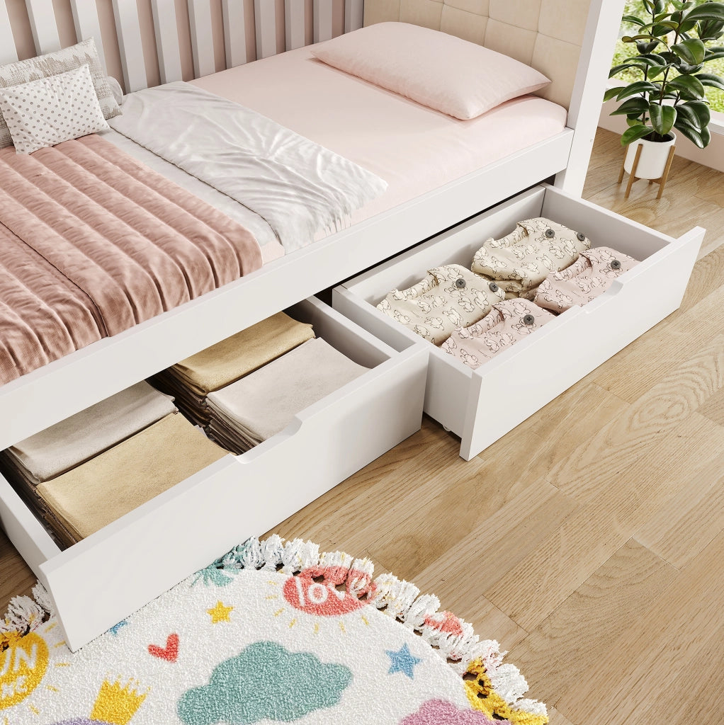 Letto singolo 90x200 cm con 2 cassetti in legno bianco HOMVRA