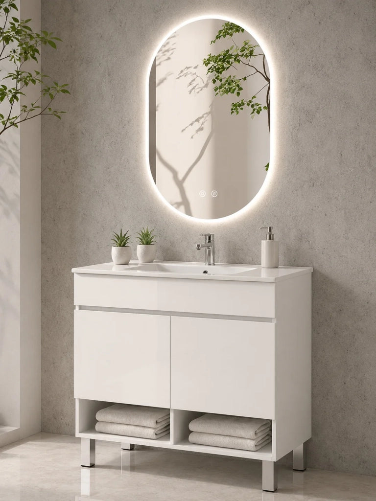 Mobile bagno con piedini con lavabo ORIGENBATH NEBARI con piedini e ante con colonna 50x40 cm bianco con colonna
