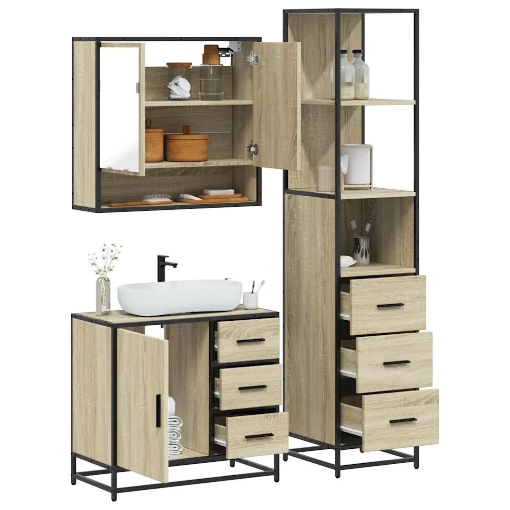 Set Mobili da Bagno | Armadio da bagno 3 pz Rovere Sonoma in Legno Multistrato