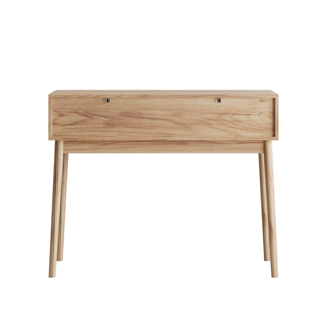 Tavolo consolle stile Mid-Century in colore rovere con due cassetti e ripiani aperti