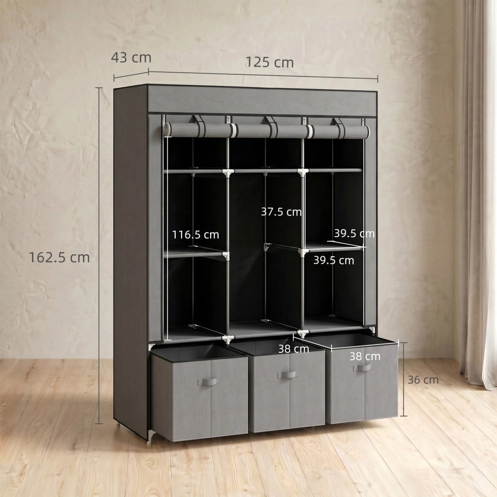 Armadio in Tessuto Pieghevole Grigio Scuro Guardaroba Salvaspazio con Cassetti e Zip 125x43x162.5cm