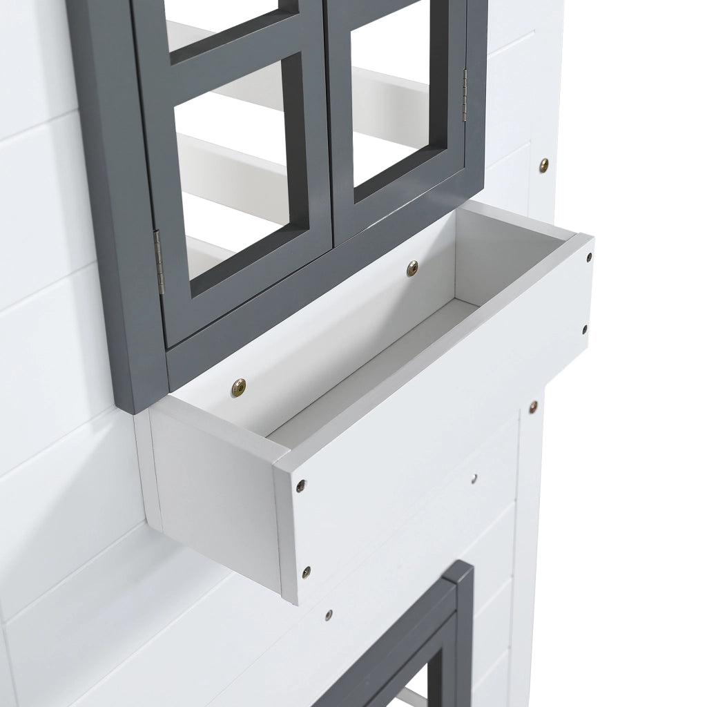 Letto a castello per bambini 90 × 200 cm, 2 posti, con finestre, scala con corrimano e barriere, senza materasso, bianco