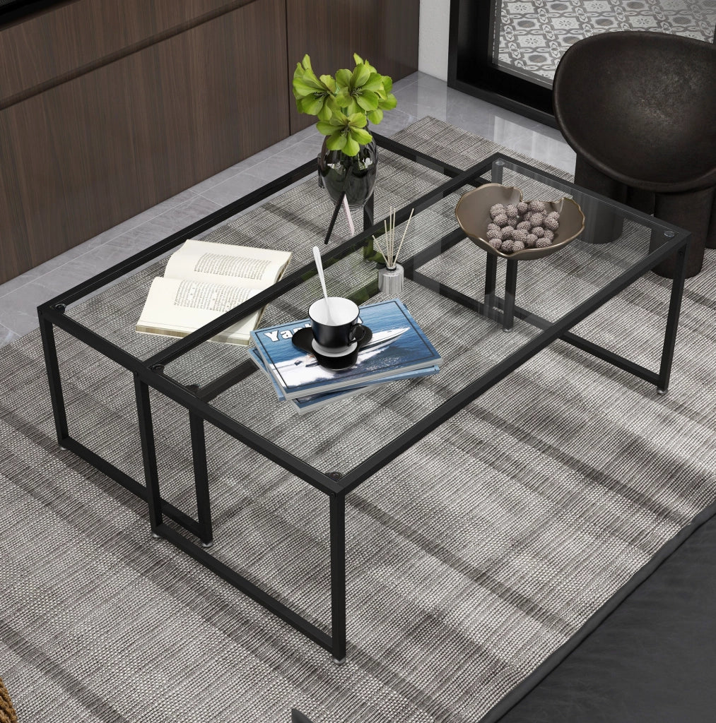 Tavolini da salotto impilabili set di 2 119x56x44,5 cm vetro temprato acciaio nero