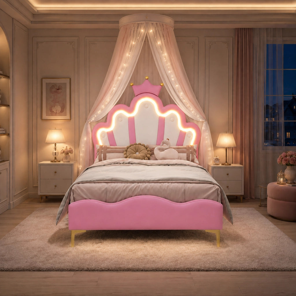 Letto Singolo bambina Imbottito 90x190 cm con LED; Letto Principessa Bambina con Testiera a Corona in Pelle PU e Rete a Doghe;Rosa; senza materasso