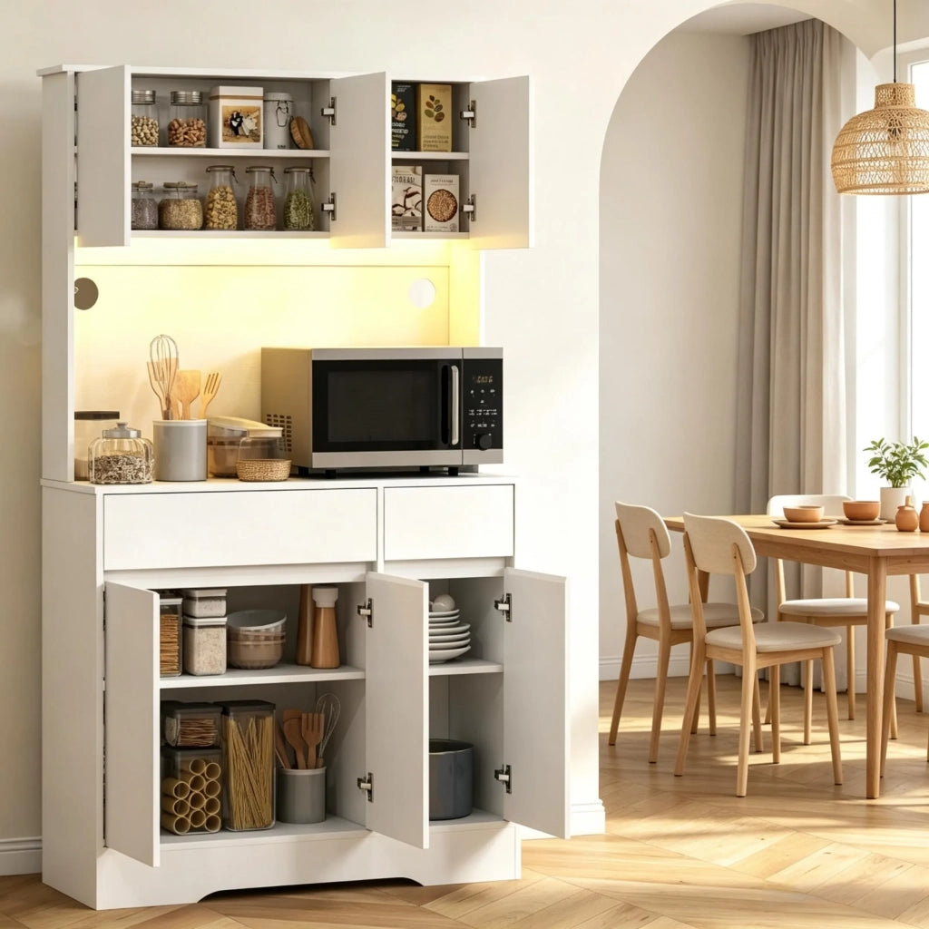 Alta credenza da cucina con illuminazione LED RGB, piano di lavoro, 6 ante e 2 cassetti, mobile contenitore per la cucina
