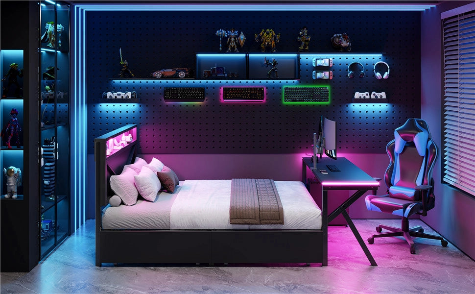 Letto Contenitore Imbottito 140x200 cm con Cassetti; LED; Nero