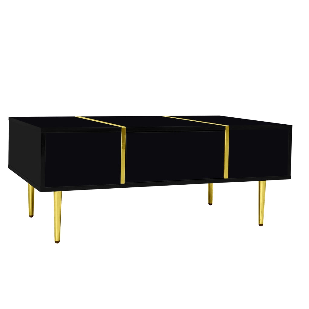Tavolino da salotto moderno nero lucido con 2 cassetti e dettagli dorati, 100x60x41,5 cm
