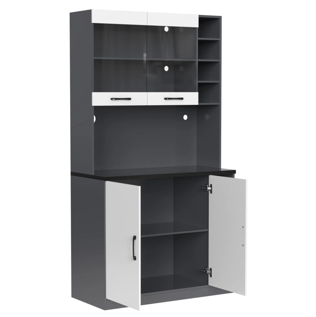 Credenza cucina 100x47x187 cm con LED, vano microonde, ante in vetro e ripiani regolabili