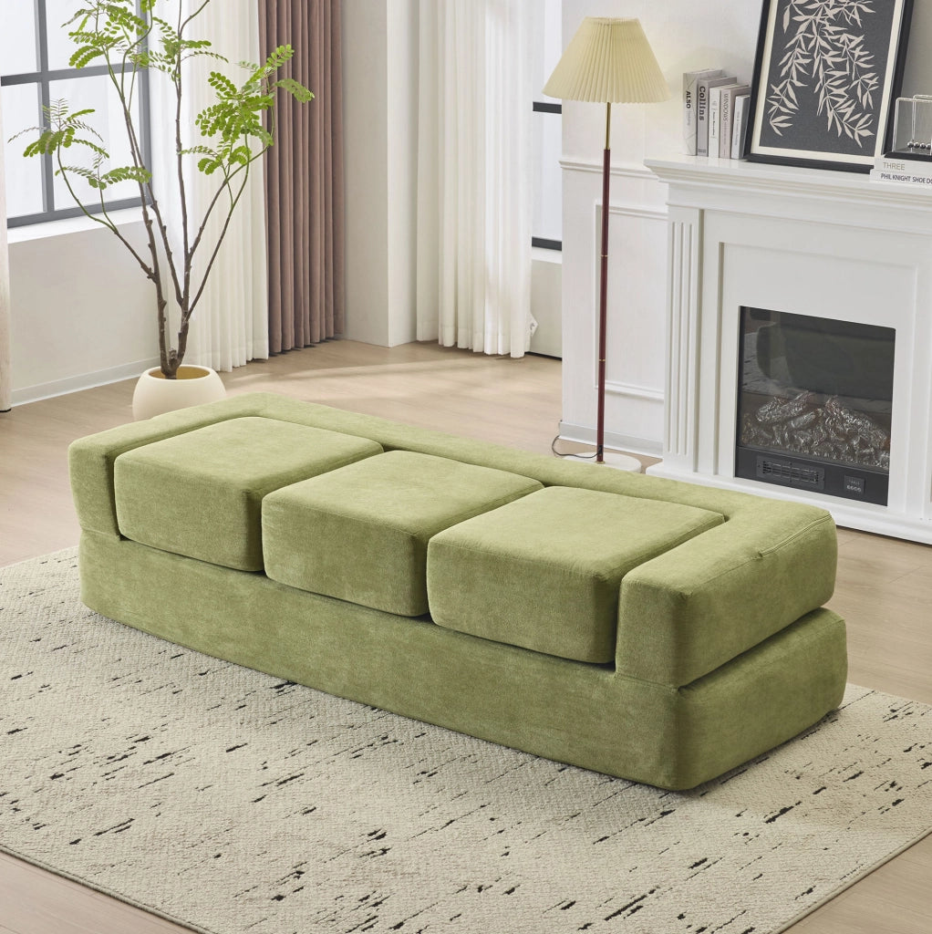 Divano modulare trasformabile in verde con 3 poggiapiedi, materasso in schiuma ad alta elasticità, divano-letto salvaspazio in tessuto ciniglia per monolocali e uffici domestici