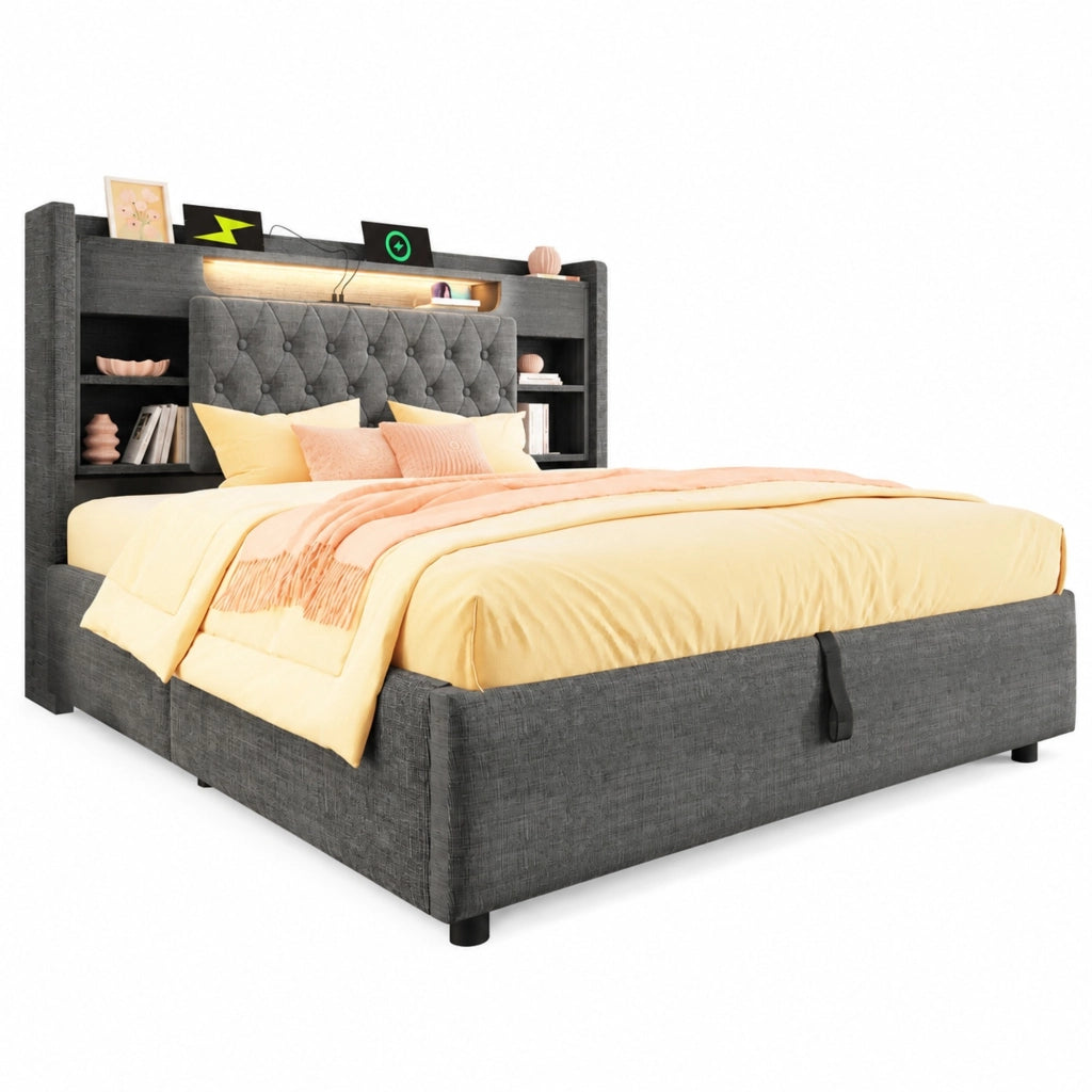 Letto imbottito grigio 140x200 cm con contenitore idraulico, illuminazione LED e porte di ricarica USB/Type-C, testiera con ripiani integrati