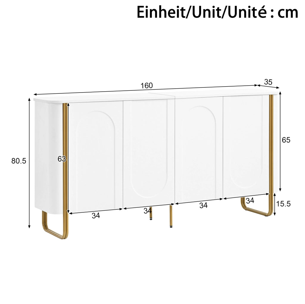 Credenza ULEVR 160x35x80,5 cm con 4 ante Push-to-Open e 4 vani interni, MDF bianco con piedi in ferro