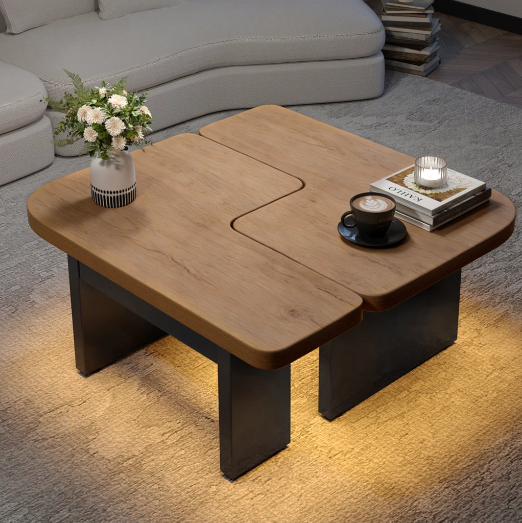 Tavolino da caffè con LED; 2 cassetti e 2 tavolini combinabili 90 x 60 x 44;5 cm; MDF naturale e nero