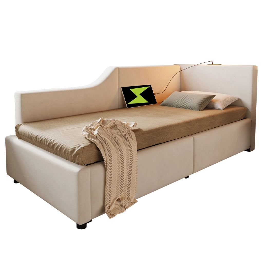 Letto singolo daybed 90 ¡Á 190 cm contenitore in velluto beige con luce da lettura e ricarica USB-C