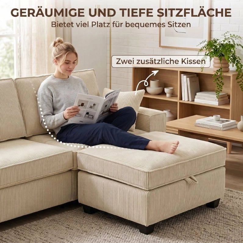 Divano modulare 3 posti in velluto a coste beige con pouf contenitore