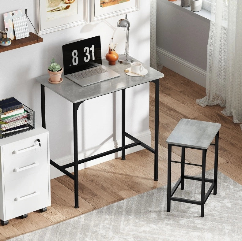 Set tavolo da bar con 2 sgabelli grigio effetto legno