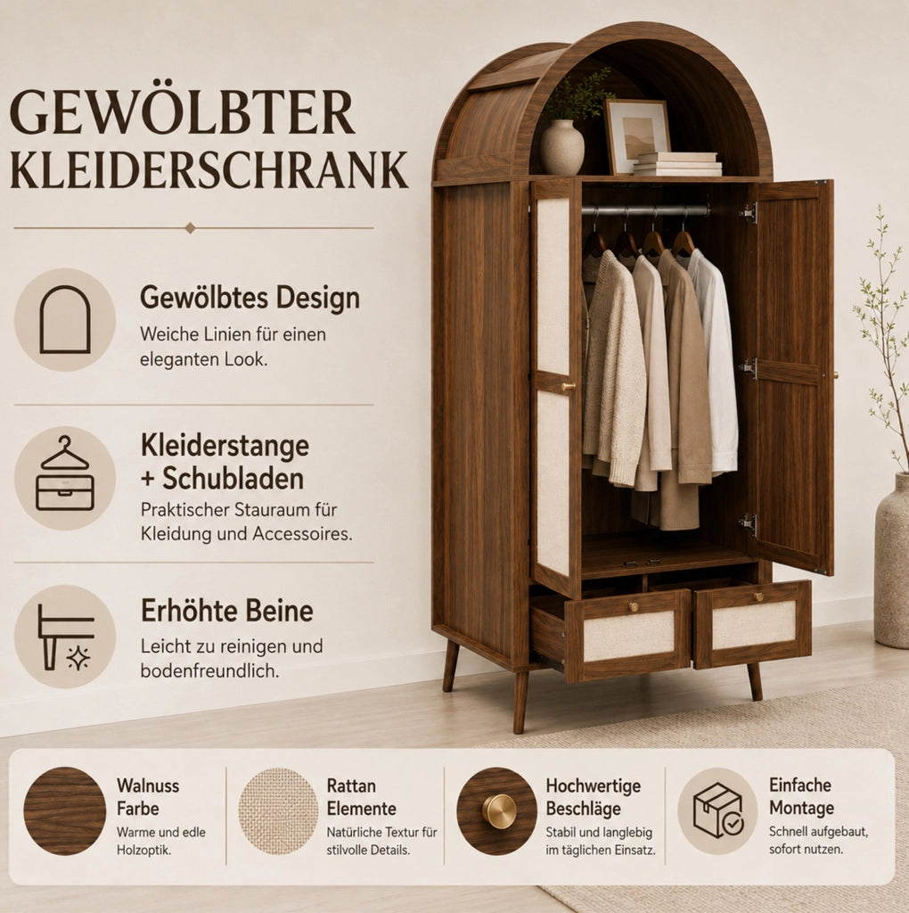 ARMADIO 2 ante e 2 cassetti 80x55x180 cm effetto noce e rattan beige