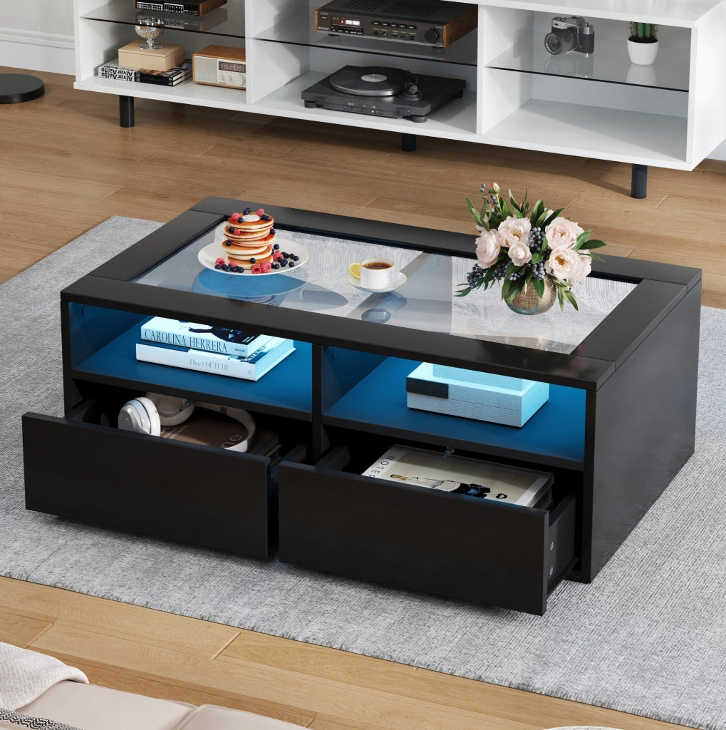 Tavolino da caff¨¨ 100x50x35 cm con LED, vetro temperato e 2 cassetti nero