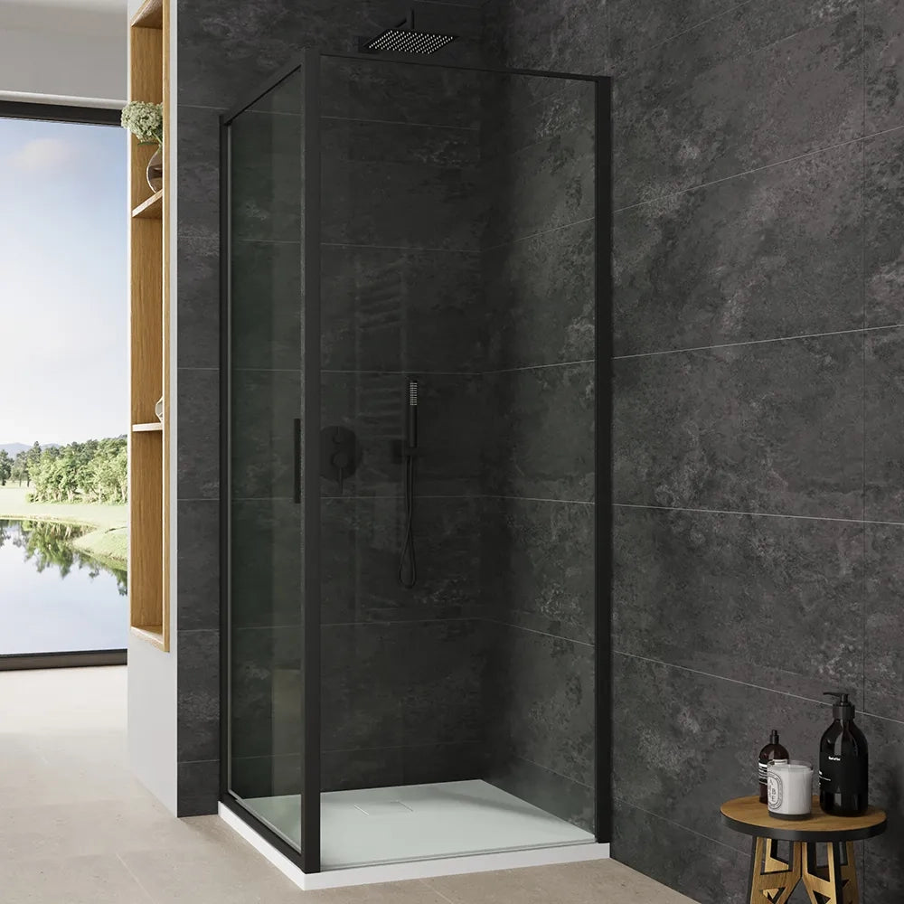 Box doccia slim 80x100cm con apertura a battente e parete fissa profili nero opaco e vetro 6mm trasparente h190| Portofino