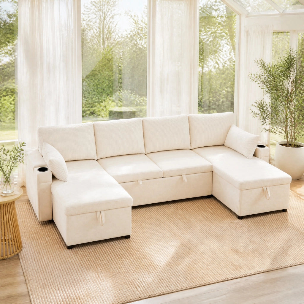 Divano letto modulare a U 4 posti con contenitore e portabevande in chenille beige