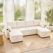 Divano letto modulare a U 4 posti con contenitore e portabevande in chenille beige