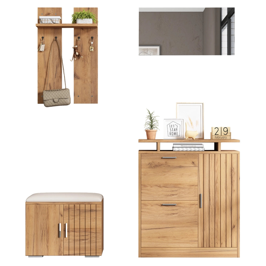 Set guardaroba per ingresso con panca porta scarpe, specchio, 5 ante, 4 ganci, finitura naturale, 140x35x133 cm