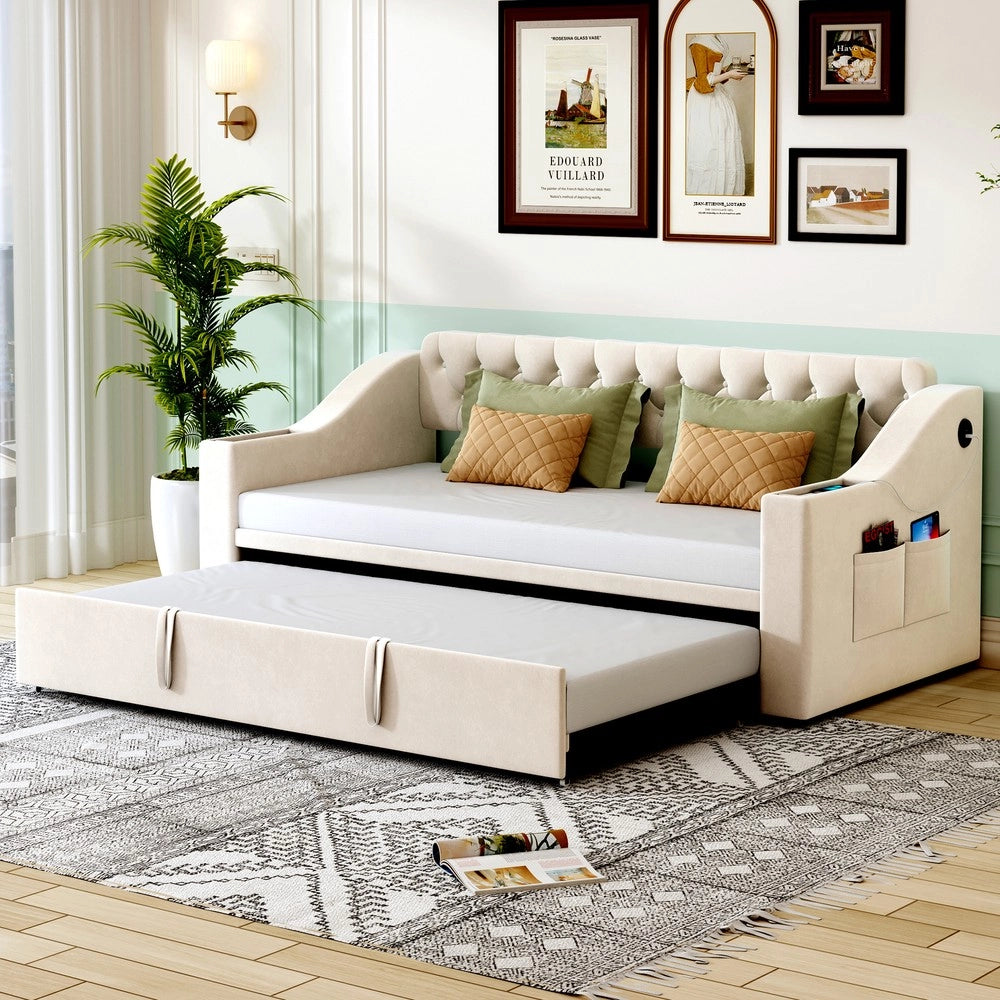 Letto Imbottito con Rete a Doghe e USB ¨C MINIMAL ¨C Velluto Beige 90x190 / 180x190