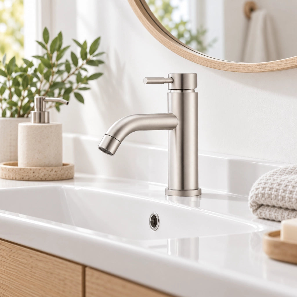 Miscelatore lavabo bagno rubinetto monoleva in acciaio spazzolato, risparmio acqua, cartuccia 500000 cicli, installazione foro singolo