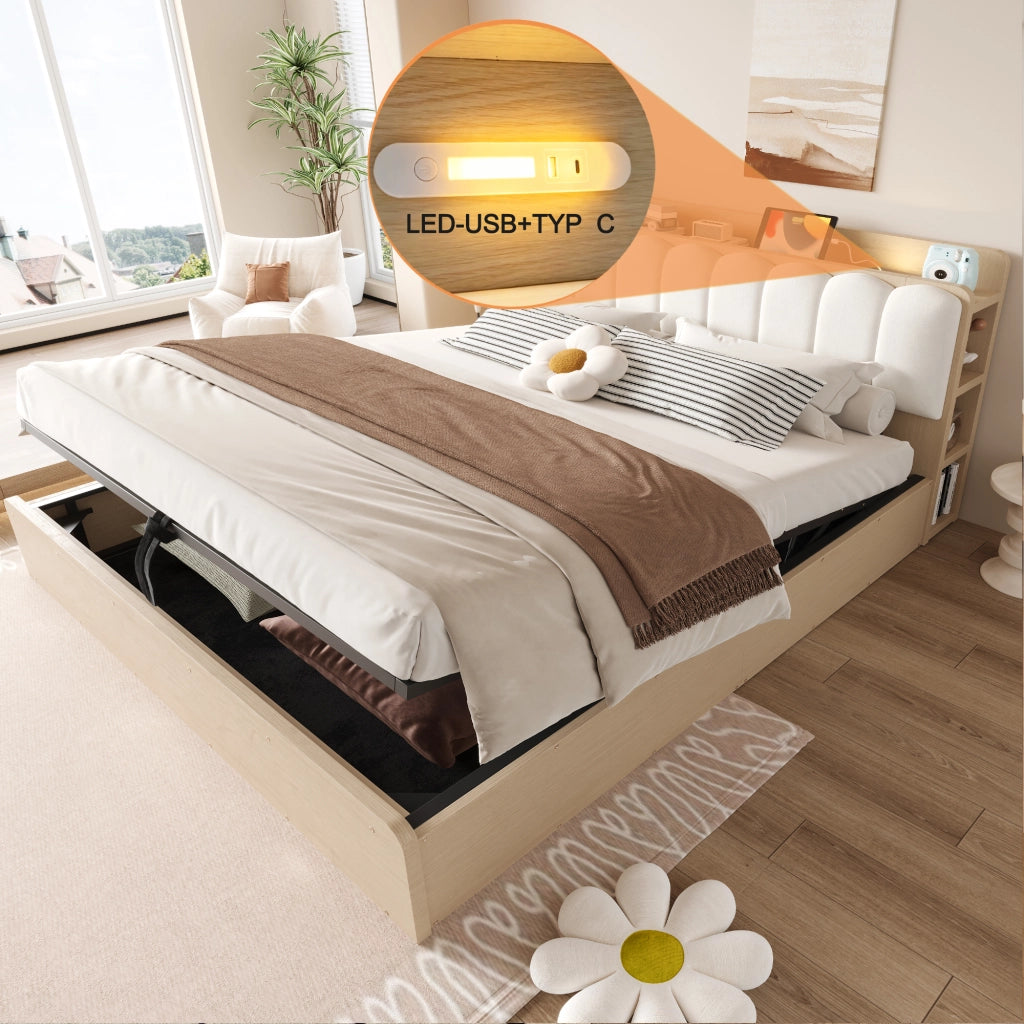 Letto contenitore 180 × 200 cm con sollevamento idraulico testiera imbottita USB luce notturna legno naturale