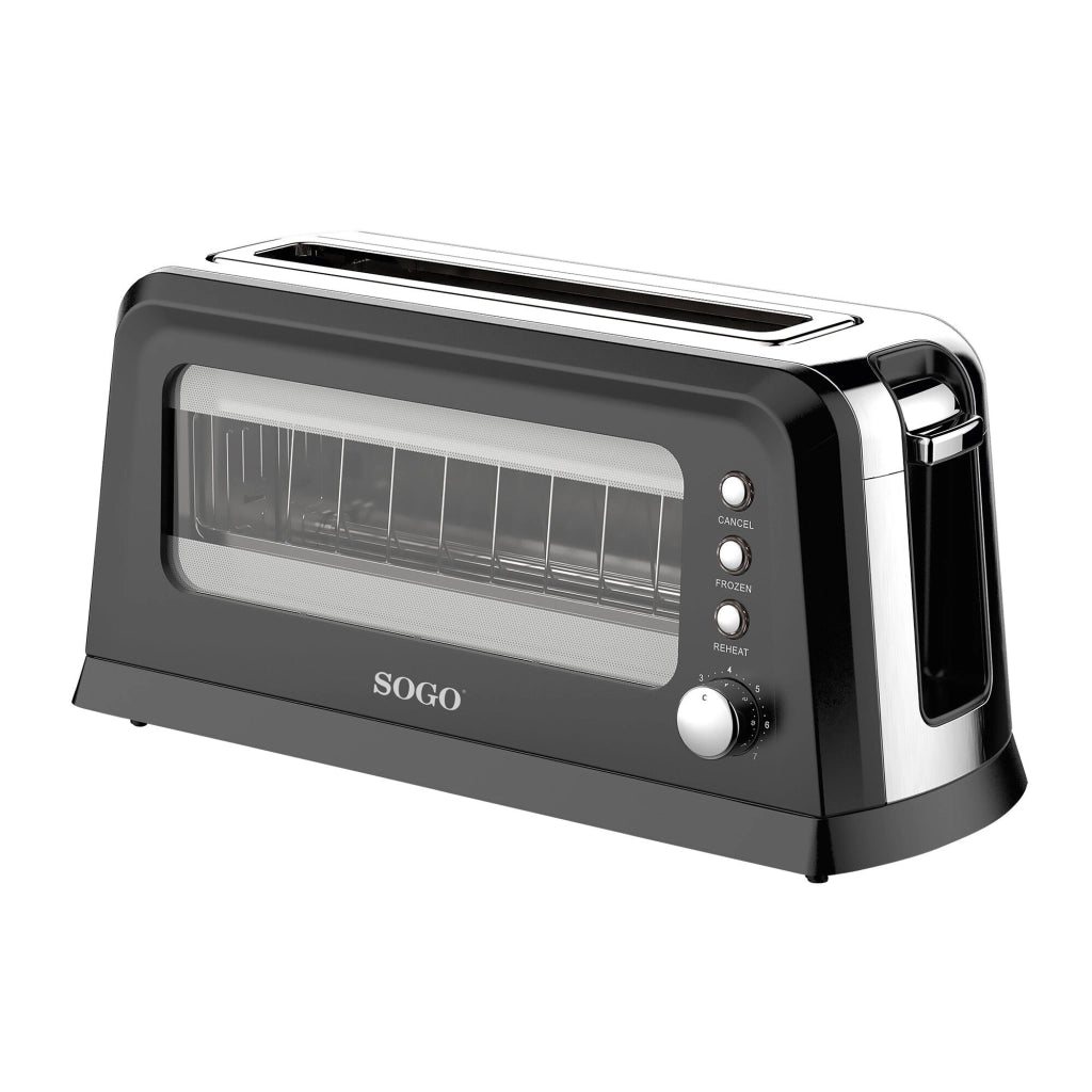 Tostapane fessura lunga con finestra trasparente vetro, controllo 7 livelli tostatura, bandeja briciole estraibile 900W - SOGO