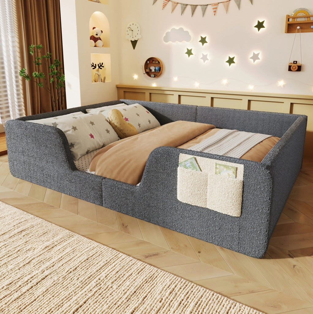 LETTO imbottito 140x190 cm in velluto grigio con sponde rimovibili