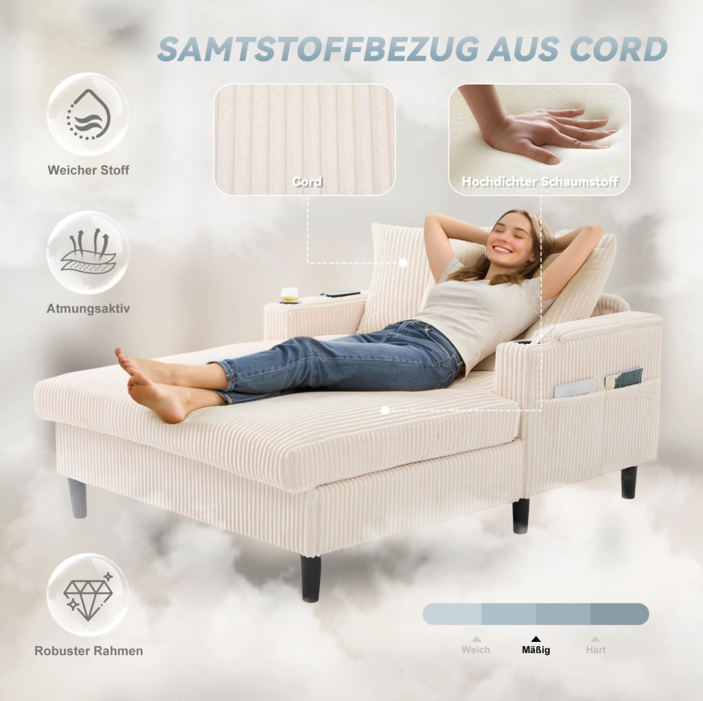 Chaiselongue multifunzione in velluto a coste con ampia zona letto, portabicchieri laterali e illuminazione LED