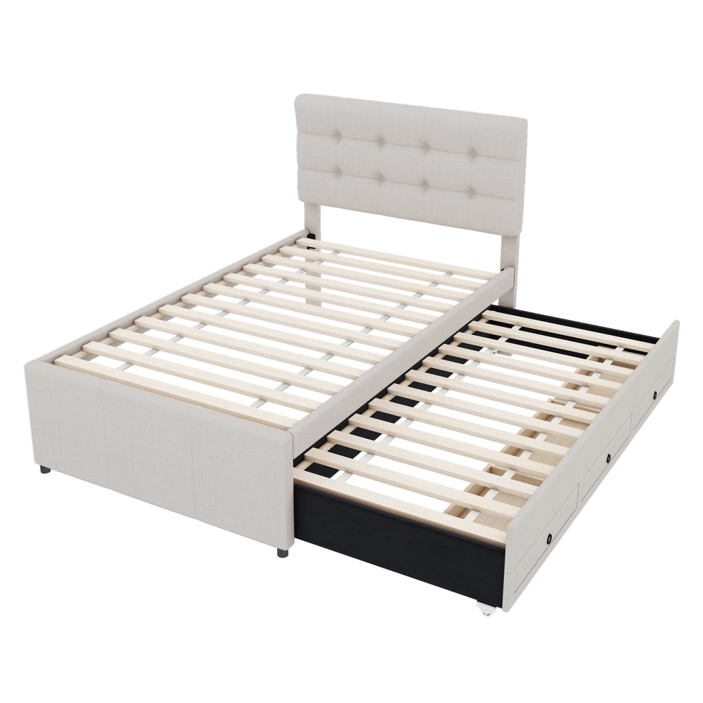 Letto singolo 90x200 cm con letto estraibile 90x190 cm e 3 cassetti beige