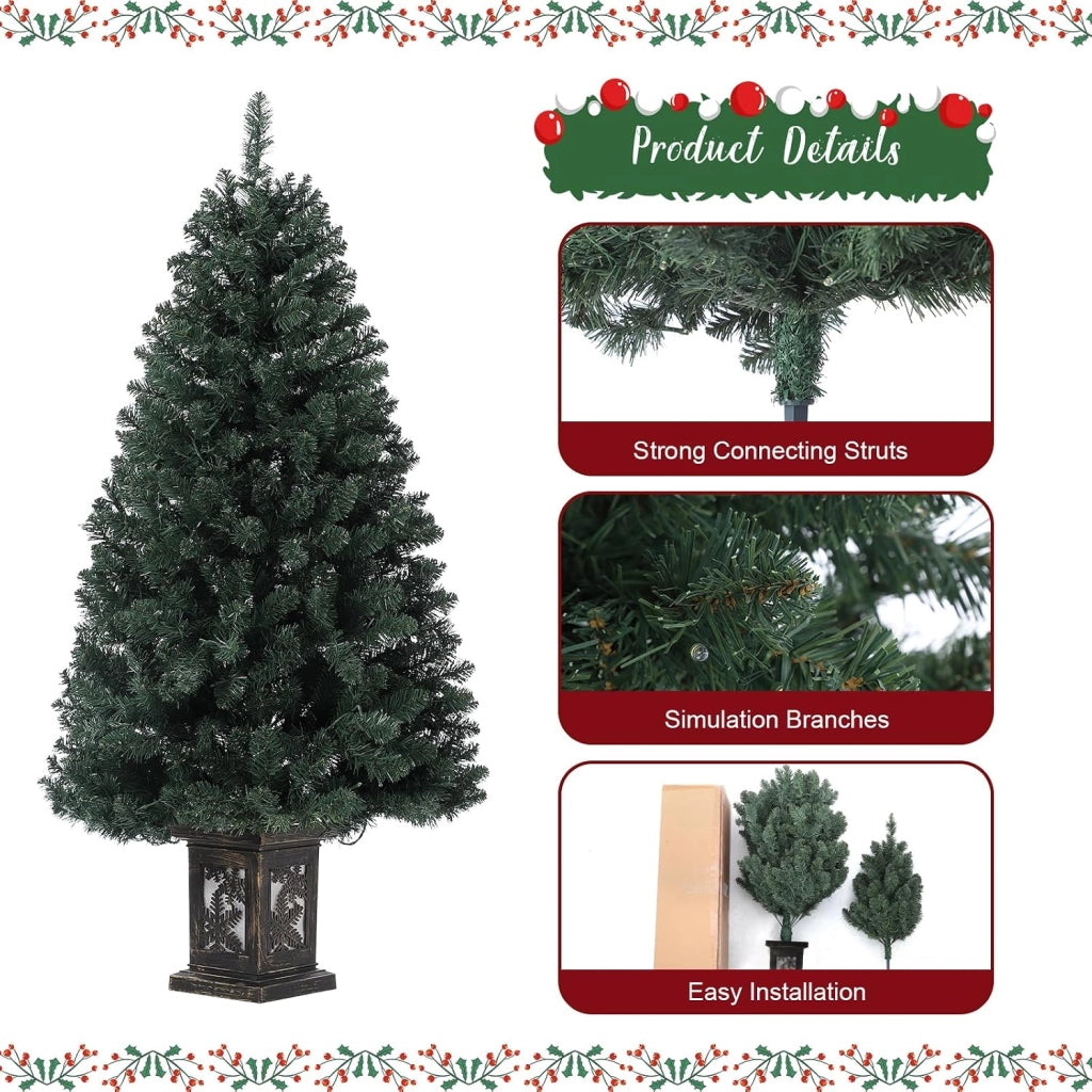 Albero di Natale Artificiale 145cm con 300 LED Bianco Caldo 8 Giochi Luce e Vaso Retrò