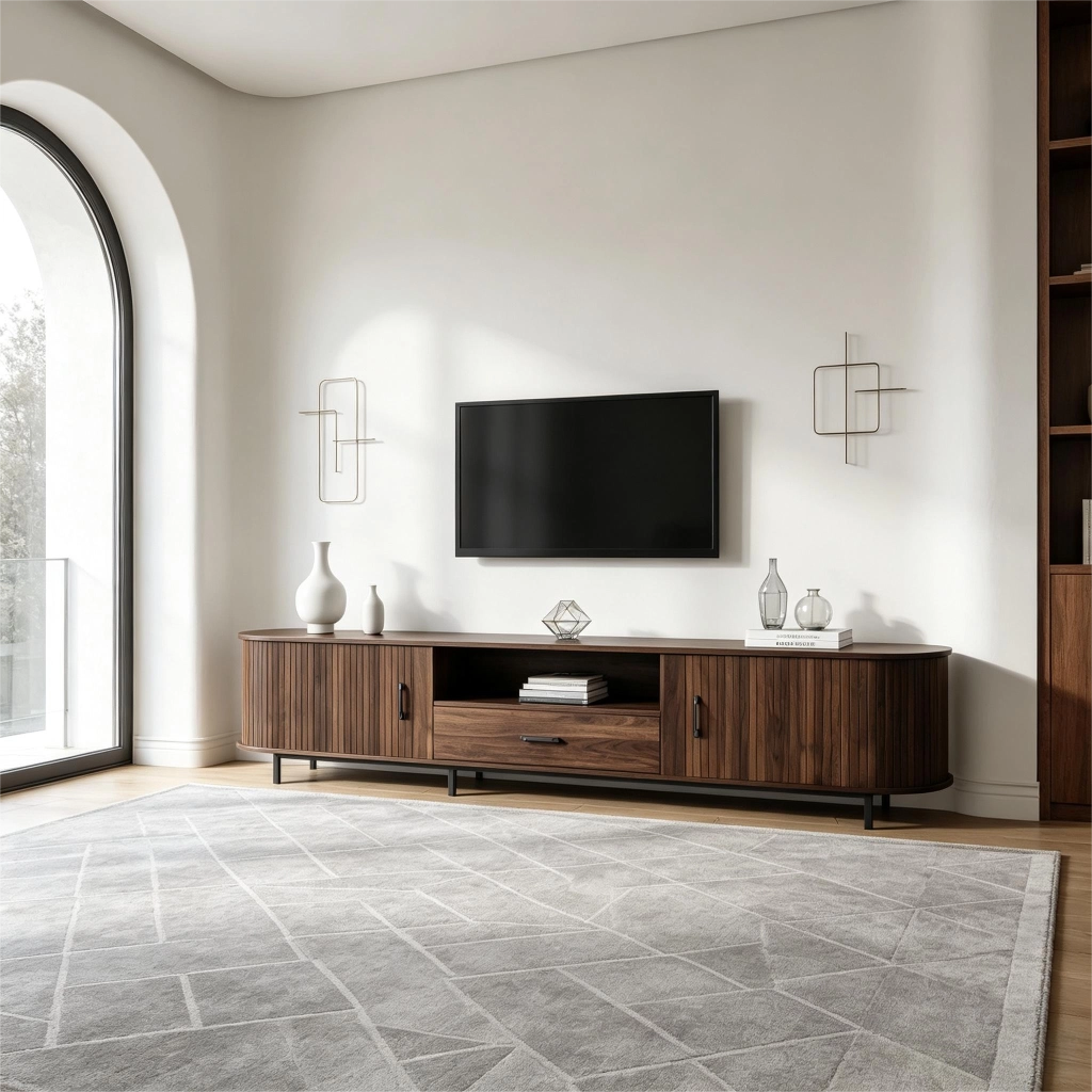 Mobile TV con 2 ante scorrevoli e cassetto in MDF effetto noce; vani aperti e gambe nere per TV fino a 75 pollici