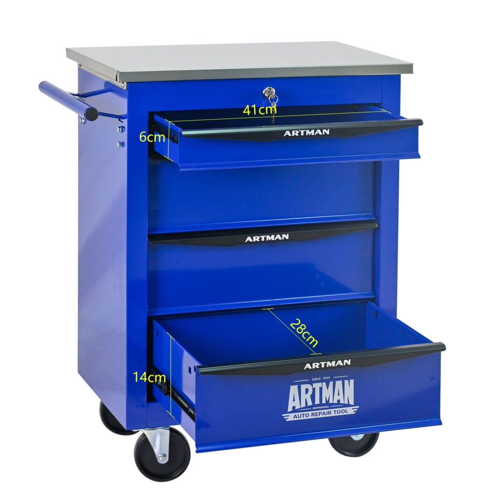 Carrello officina multifunzionale a 4 cassetti con ruote, struttura in acciaio verniciato, con piano in acciaio inox, nero e blu, 62,5x34,5x78 cm