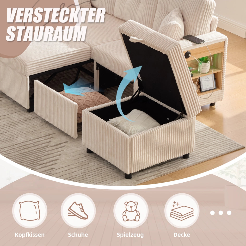 Divano letto estraibile in velluto a coste beige con vano contenitore USB-C e LED 196 × 82–144 × 85 cm