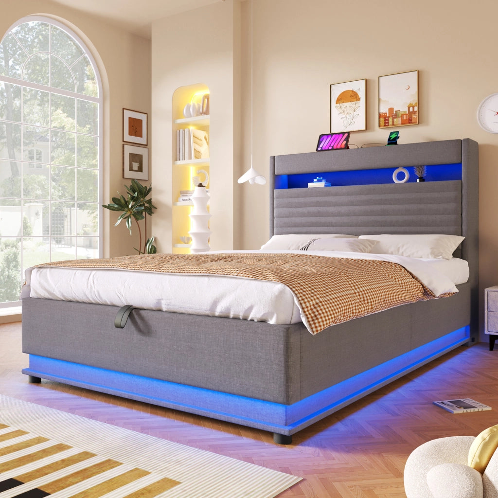 Letto matrimoniale 140×200 cm 2 posti con contenitore idraulico; LED regolabile; USB e Type-C; senza materasso; grigio