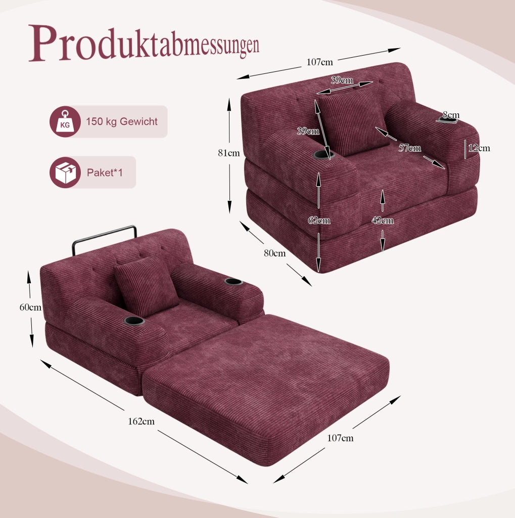 Divano Letto 1 Posto in Corduroy Compressa con Schienale Alto, Telaio in Metallo, Schiuma ad Alta Densità, 2 Porta Bicchieri e 4 Tasche Laterali, Bordeaux