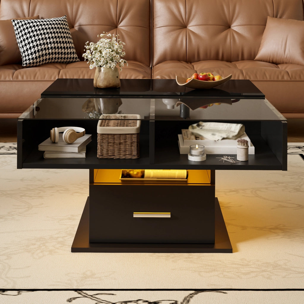 Tavolino da salotto elevabile 78x78 cm con LED Bluetooth in truciolare nero