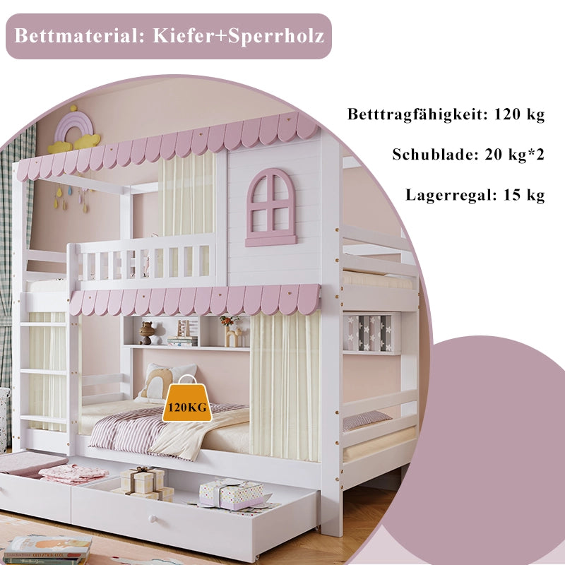 Letto a castello per bambini 90x200 cm con 2 cassetti; mensole; finestre e tende; pino MDF bianco rosa