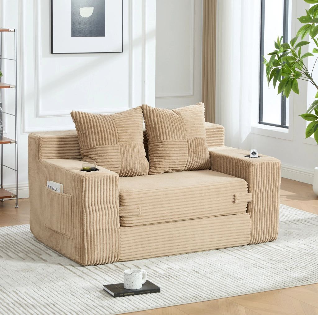Divano imbottito 151x133x64 cm in velluto a coste kaki con tasche laterali