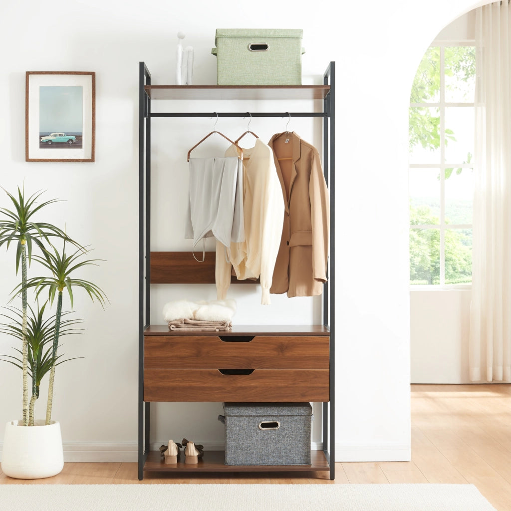 Organizzatore Guardaroba Larem Mobile Porta Abiti con Cassetti - Nero / Effetto Noce [en.casa]