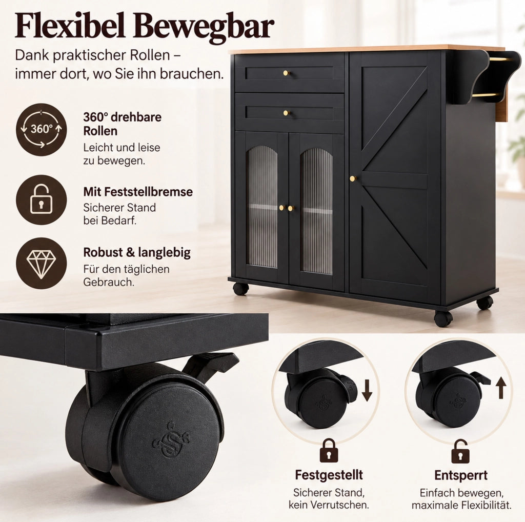 Isola cucina mobile 110 cm con piano richiudibile; 2 cassetti e ante in vetro; nera