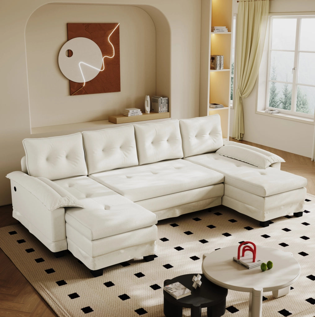 Divano letto modulare a U ULEVR 278x127 cm con letto estraibile, USB e cuscini rimovibili, beige