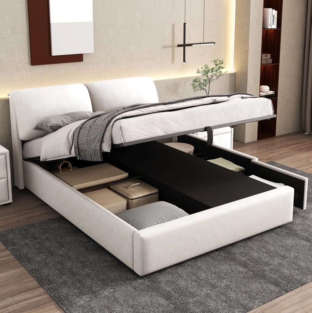 Letto imbottito 140x200 cm con contenitore idraulico; 3 cassetti; rete a doghe e testiera regolabile in velluto beige