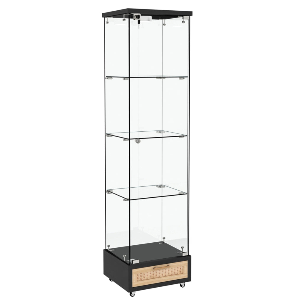 Vetrina moderna nera in vetro temperato con cassetti, LED a 13 colori, 4 ripiani interni, H167 x L42,5 x P36,5 cm