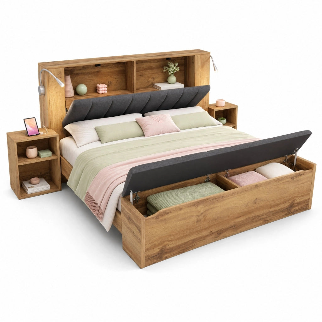 Letto matrimoniale 160x200 cm con comodini; panca contenitore e lampade USB effetto rovere HOMVRA