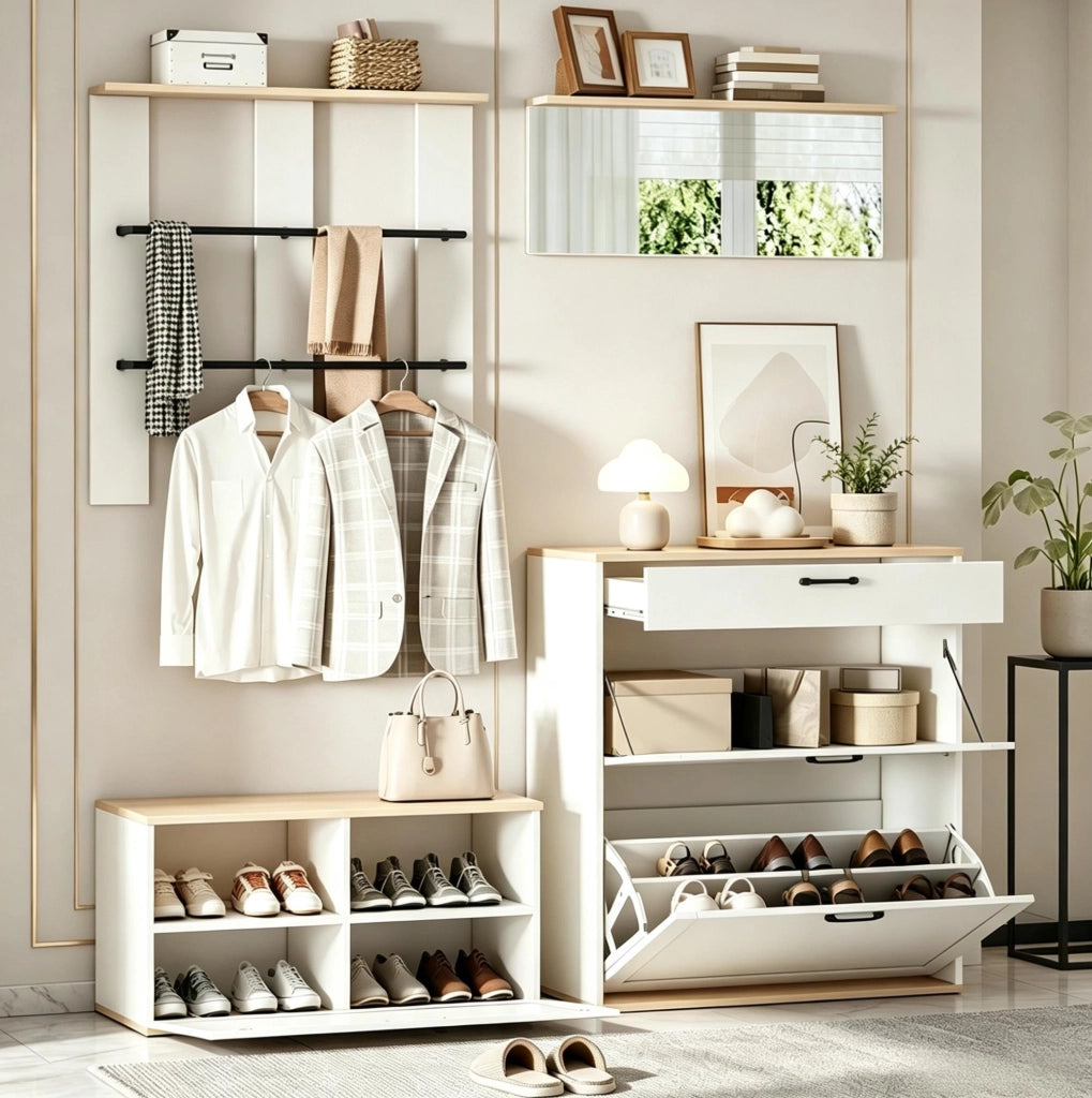 Set guardaroba modulare con specchio e panca porta scarpe bianco e legno 156x36x176 cm