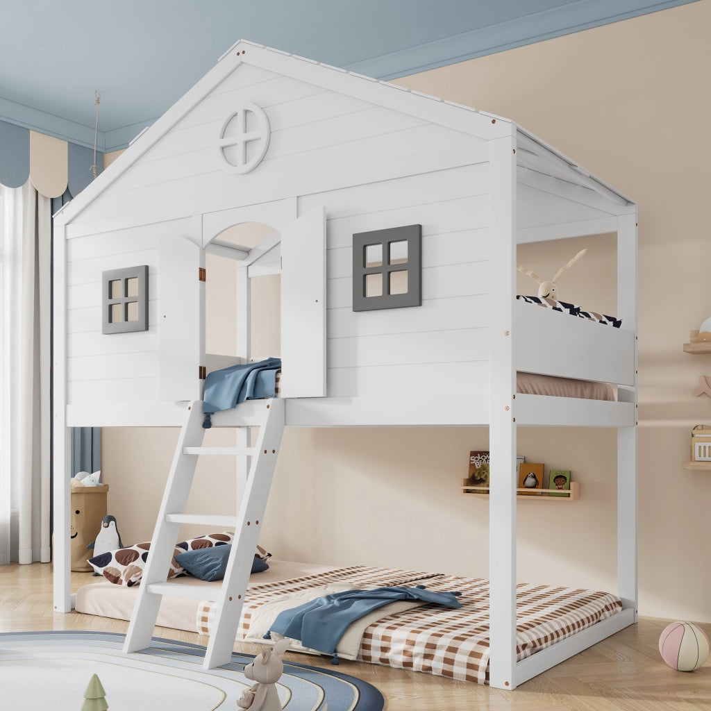 Letto a soppalco per bambini 90 × 200 cm con scala e protezione anticaduta in legno e MDF bianco e grigio
