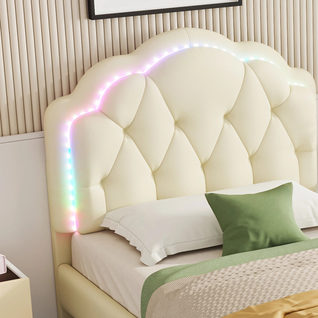 Letto singolo 90 × 200 cm con LED multicolore testiera ondulata imbottita in PU beige rete a doghe in legno